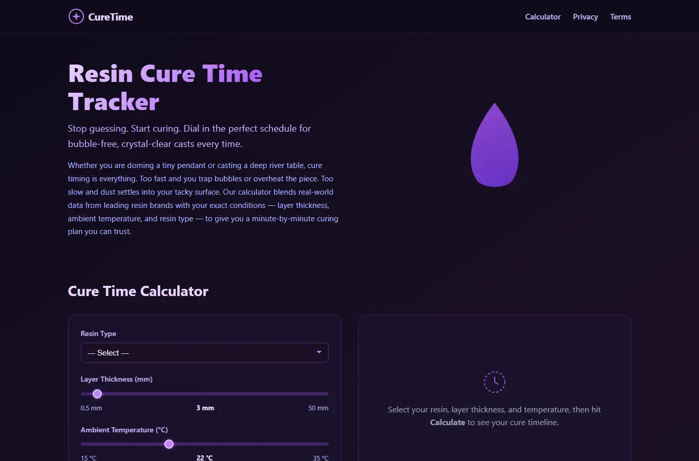 Screenshot of Resin Cure Time Tracker interface showing the project page in use